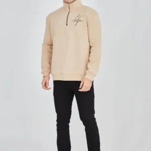 Erkek Yarım Fermuarlı Baskılı Sweat - Bej