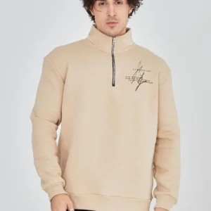 Alternative view of Erkek Yarım Fermuarlı Baskılı Sweat - Bej