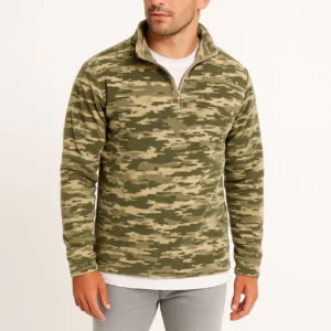 Erkek Yarım Fermuarlı Desenli Polar Sweat – Haki Kamuflaj Yakalı, Uzun Kollu, Oversize Rahat Kalıp - Haki