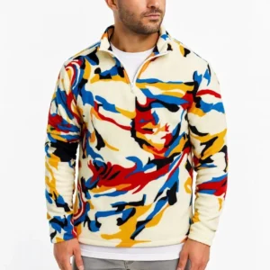Erkek Yarım Fermuarlı Desenli Polar Sweat – Renkli Abstract Desen Yakalı, Uzun Kollu, Oversize Rahat Kalıp, - Beyaz