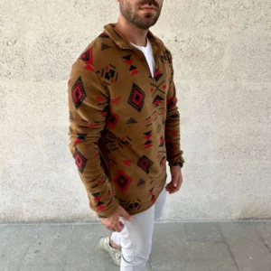 Alternative view of Erkek Yarım Fermuarlı Desenli Polar Sweat Tribal Etnik Desen Yakalı, Uzun Kollu, Oversize Rahat Kalıp, - Kahverengi