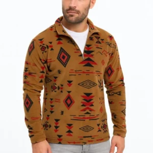 Erkek Yarım Fermuarlı Desenli Polar Sweat Tribal Etnik Desen Yakalı, Uzun Kollu, Oversize Rahat Kalıp, - Kahverengi