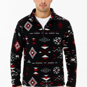 Erkek Yarım Fermuarlı Desenli Polar Sweat Tribal Etnik Desen Yakalı, Uzun Kollu, Oversize Rahat Kalıp, - Siyah