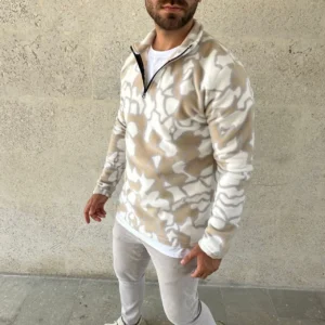 Alternative view of Erkek Yarım Fermuarlı Desenli Polar Sweat Yakalı, Uzun Kollu, Oversize Rahat Kalıp - Bej