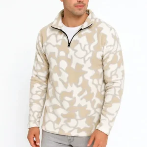 Erkek Yarım Fermuarlı Desenli Polar Sweat Yakalı, Uzun Kollu, Oversize Rahat Kalıp - Bej
