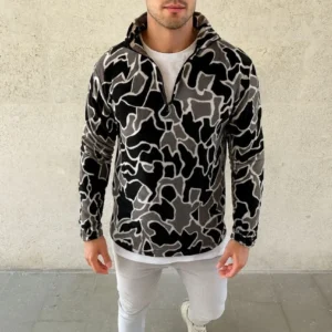 Erkek Yarım Fermuarlı Desenli Polar Sweat Yakalı, Uzun Kollu, Oversize Rahat Kalıp - Siyah