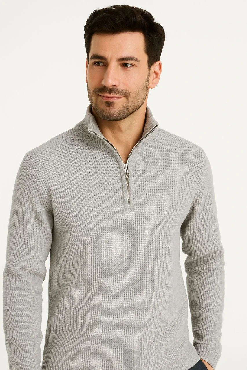 Erkek Yarım Fermuarlı Triko Kazak – Selanik Örgü, Dik Yaka, Pamuklu Dokuma, Regular Fit Uzun Kollu Kışlık Model - Gri - Görsel 6