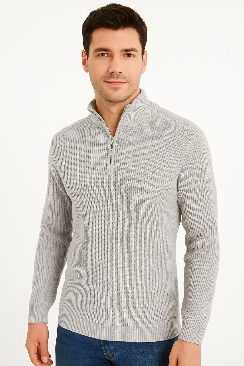 Erkek Yarım Fermuarlı Triko Kazak – Selanik Örgü, Dik Yaka, Pamuklu Dokuma, Regular Fit Uzun Kollu Kışlık Model - Gri - Görsel 3