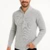 Erkek Yarım Fermuarlı Triko Kazak – Selanik Örgü, Dik Yaka, Pamuklu Dokuma, Regular Fit Uzun Kollu Kışlık Model - Gri