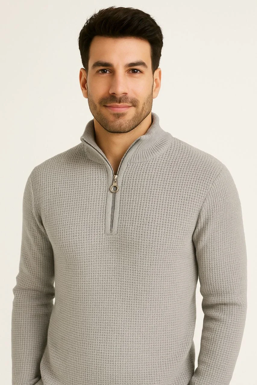 Erkek Yarım Fermuarlı Triko Kazak – Selanik Örgü, Dik Yaka, Pamuklu Dokuma, Regular Fit Uzun Kollu Kışlık Model - Gri - Görsel 7