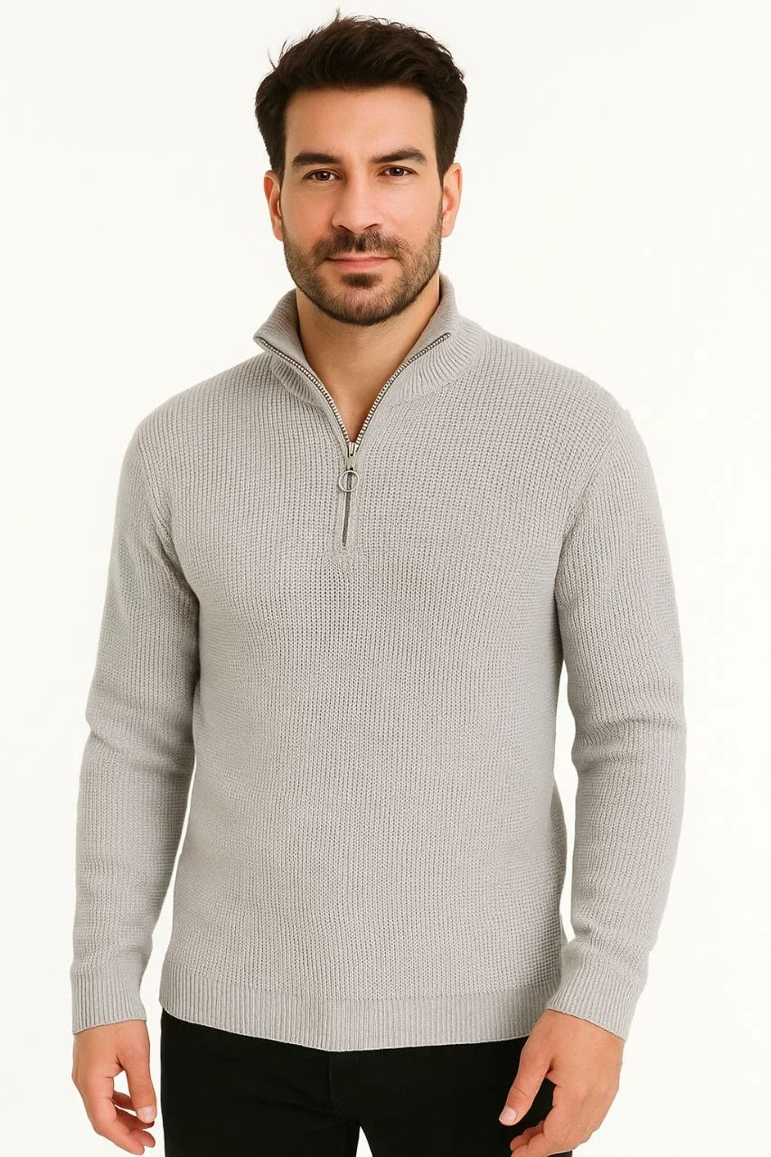 Erkek Yarım Fermuarlı Triko Kazak – Selanik Örgü, Dik Yaka, Pamuklu Dokuma, Regular Fit Uzun Kollu Kışlık Model - Gri - Görsel 5