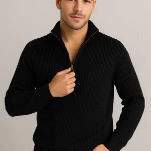 Erkek Yarım Fermuarlı Triko Kazak – Selanik Örgü, Dik Yaka, Pamuklu Dokuma, Regular Fit Uzun Kollu Kışlık Model - Siyah