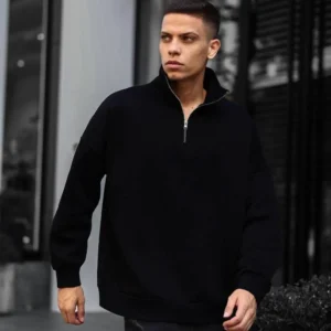 Erkek Yarım Fermuarlı Üç İplik Sweatshirt - Siyah