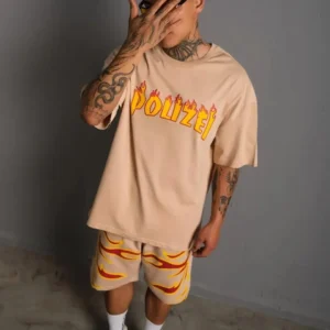 Erkek Alev Baskılı İkili Şortlu Takım - Bej