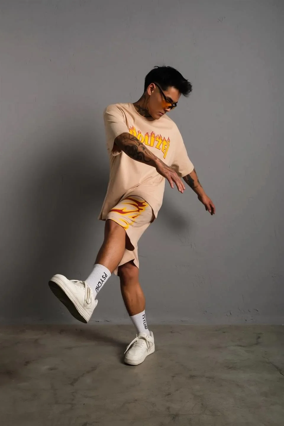 Erkek Alev Baskılı İkili Şortlu Takım - Bej - Görsel 3