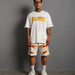 Erkek Alev Baskılı İkili Şortlu Takım - Beyaz