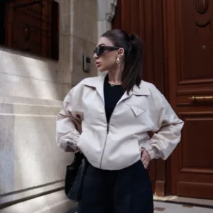 Alternative view of Fermuarlı Gömlek Yaka Bomber Ceket - Beyaz