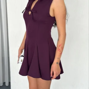 Göğüs Bağlamalı Kolsuz Mini Boy Elbise - Gül Kurusu