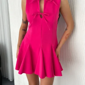 Göğüs Bağlamalı Kolsuz Mini Boy Elbise - Pembe