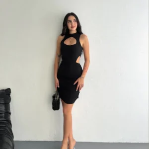 Göğüs ve Yanlar dekolteli Kolsuz Boy Elbise - Siyah