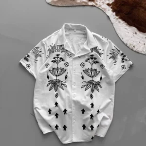 İki İplik Kumaş Baskılı Gömlek - Beyaz