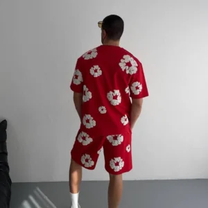 İki İplik Kumaş Baskılı T-shirt Şortlu Takım- Kırmızı