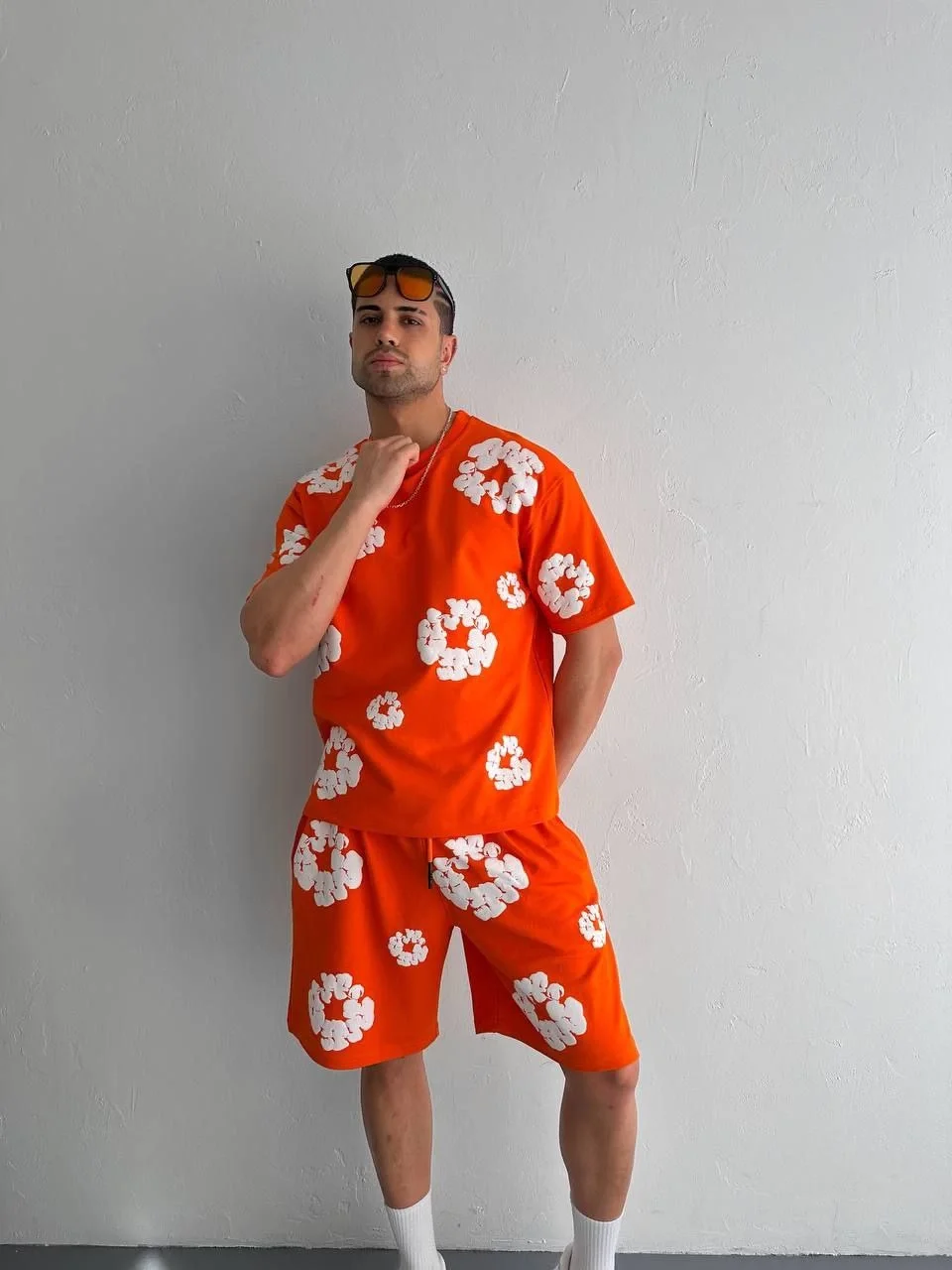 İki İplik Kumaş Baskılı T-shirt Şortlu Takım- Turuncu - Görsel 2
