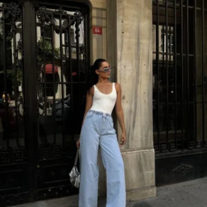 Kadın Arkadan Yırtmaçlı Jeans Kot Palazzo Pantolon - Mavi