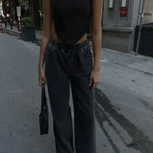 Kadın Arkadan Yırtmaçlı Jeans Kot Palazzo Pantolon - Siyah