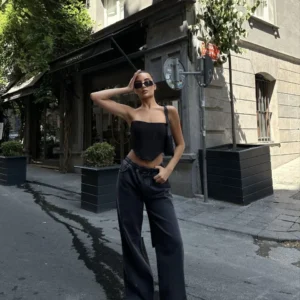 Alternative view of Kadın Arkadan Yırtmaçlı Jeans Kot Palazzo Pantolon - Siyah