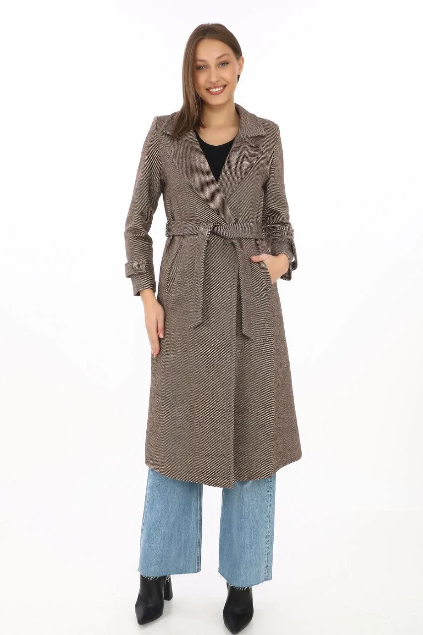 Kadın Astarlı Balık Sırtı Kaşmir Kaşe Kaban - Vizon - Görsel 7