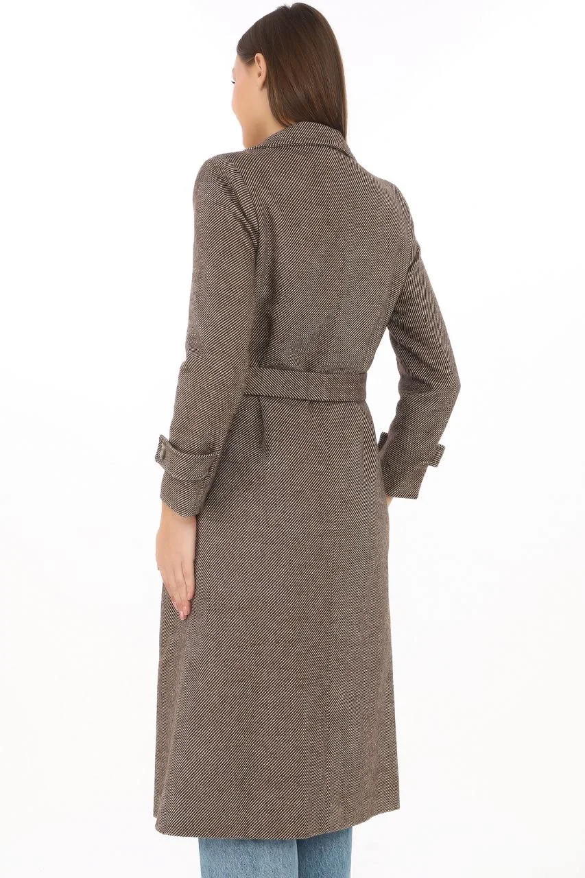 Kadın Astarlı Balık Sırtı Kaşmir Kaşe Kaban - Vizon - Görsel 8