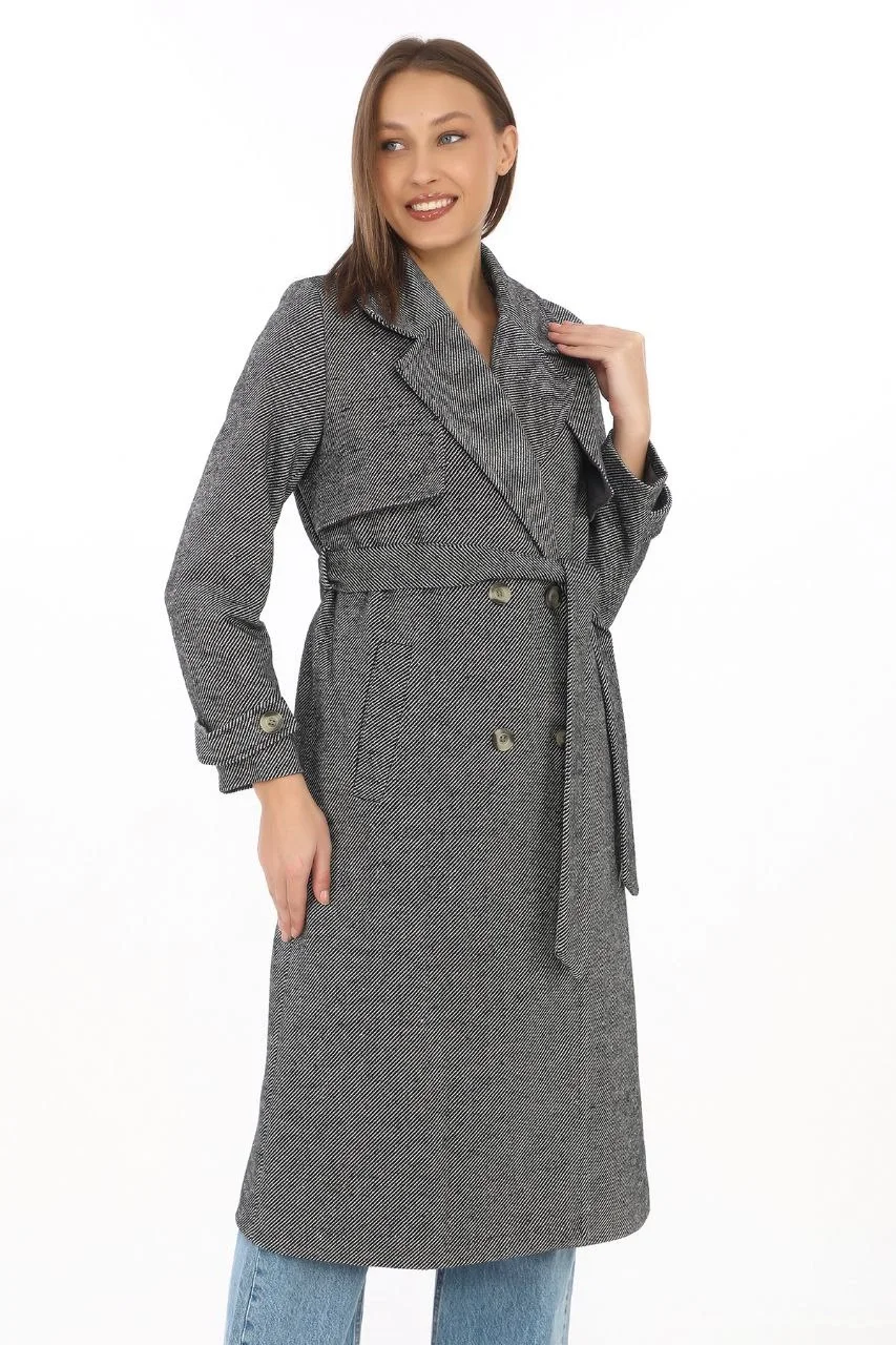 Kadın Uzun Kaşe Kaban – Balık Sırtı Dokuma Kaşmir Kumaş, Kruvaze Yaka, Kuşaklı Cepli Model, Oversize Rahat Kalıp - Boyalı Gri - Görsel 8