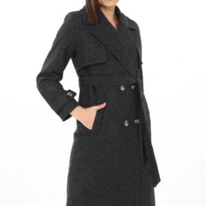 Premium Kadın Kaşe Kaban Uzun Boy, Balık Sırtı Yünlü Kaşmir Dokuma, Kruvaze Kuşaklı Astarlı - Siyah