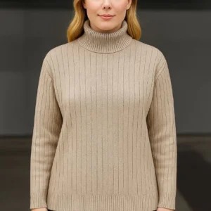 Alternative view of Kadın Balıkcı Yaka Bağazlı Triko Kazak Pamuklu Kalın Fitilli Dokuma - Bej
