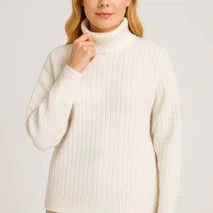 Kadın Balıkcı Yaka Bağazlı Triko Kazak Pamuklu Kalın Fitilli Dokuma - Beyaz