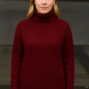 Alternative view of Kadın Balıkcı Yaka Bağazlı Triko Kazak Pamuklu Kalın Fitilli Dokuma - Bordo