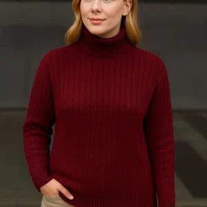 Kadın Balıkcı Yaka Bağazlı Triko Kazak Pamuklu Kalın Fitilli Dokuma - Bordo