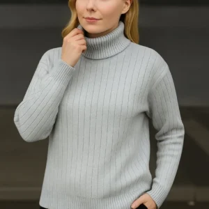 Kadın Balıkcı Yaka Bağazlı Triko Kazak Pamuklu Kalın Fitilli Dokuma - Gri