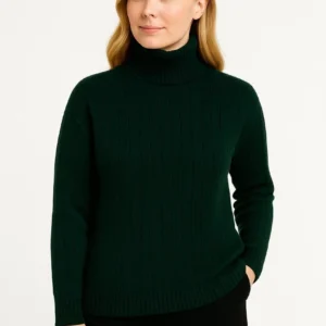 Kadın Balıkcı Yaka Bağazlı Triko Kazak Pamuklu Kalın Fitilli Dokuma - Haki