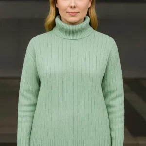 Alternative view of Kadın Balıkcı Yaka Bağazlı Triko Kazak Pamuklu Kalın Fitilli Dokuma - Mint Yeşili