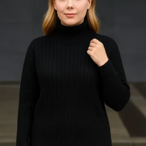 Alternative view of Kadın Balıkcı Yaka Bağazlı Triko Kazak Pamuklu Kalın Fitilli Dokuma - Siyah