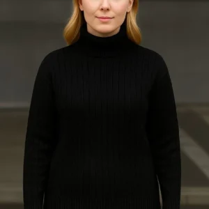 Kadın Balıkcı Yaka Bağazlı Triko Kazak Pamuklu Kalın Fitilli Dokuma - Siyah