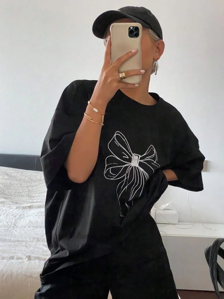 Kadın Baskılı Oversize T-shirt - Siyah - Görsel 5