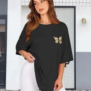 Alternative view of Kadın Bisiklet Yaka Baskılı T-shirt - Siyah