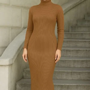 Alternative view of Kadın Tesettür Triko Elbise – Boğazlı Uzun Fitilli Dokuma, Esnek Tam Kalıp, 130 cm Midi Boy, Bahar & Kış Şık Rahat Stil - Kahverengi