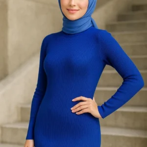 Alternative view of Kadın Boğazlı Uzun Fitilli Tesettüre Uygun Triko Dokuma Elbise - Saks Mavisi