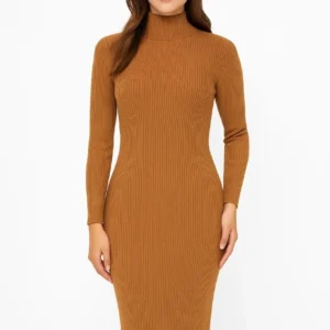 Alternative view of Kadın Boğazlı Triko Elbise – Uzun Fitilli Esnek Dokuma, Tam Kalıp, Kışlık & Baharlık Şık Rahat Stil, 130 cm Midi Boy Elbise - Kahverengi