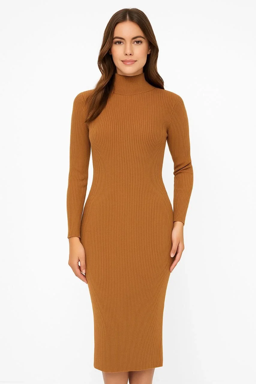 Kadın Boğazlı Triko Elbise – Uzun Fitilli Esnek Dokuma, Tam Kalıp, Kışlık & Baharlık Şık Rahat Stil, 130 cm Midi Boy Elbise - Kahverengi - Görsel 2