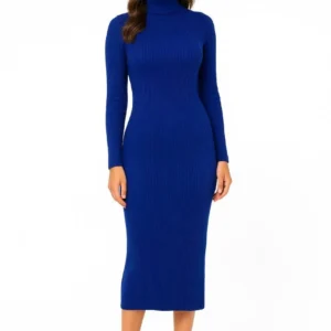 Alternative view of Kadın Boğazlı Triko Elbise – Uzun Fitilli Esnek Dokuma, Tam Kalıp, Kışlık & Baharlık Şık Rahat Stil, 130 cm Midi Boy Elbise - Saks Mavisi
